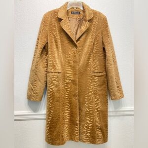 Giacca Vintage Trench Coat, Textured Faux Fur, Camel Color, Lined ButtonUp Sz L